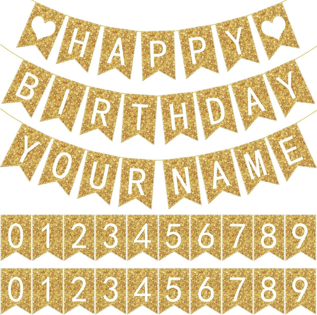 Meanplan 124 Pcs DIY Letter Banner Glitter Customizable Banner Reusable Happy Birthday Party Decor Including 110 Letters and Numbers 5 Rope for Men Women Bunting Shower Birthday Party(Gold)