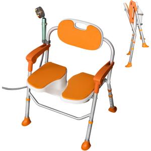 Foldable Shower Chair with Armrests and Backrest, 5 Levels Adjustable Upgraded 3D Seat Shower Folding Seat, Non-Slip Feet Heavy Duty Bathroom Chair Capacity 350 LB Orange