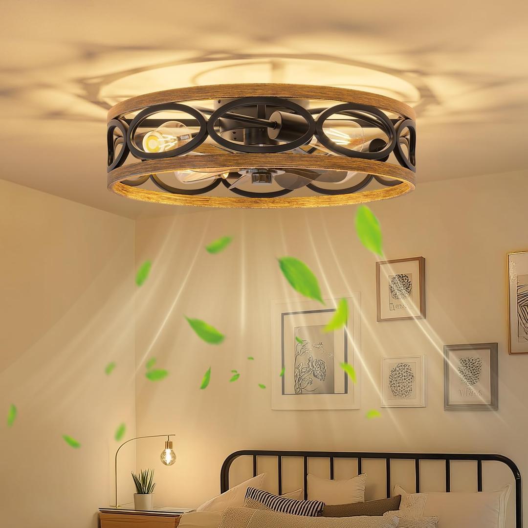 20" Ceiling Fans with Lights and Remote, 6 Wind Speeds 3 Timing Quiet Flush Mount Low Profile Caged Ceiling Fan for Bedroom Living Room Kitchen, Farmhouse Reversible Ceiling Fan, Wood Grain (Black)