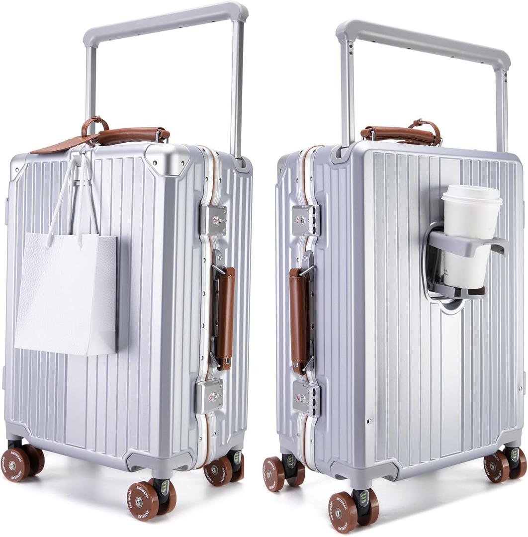 feilario 20" Aluminum Frame Wide Handle Hard Shell Carry On Suitcase - Vivid Colors Double Spinner Wheels Airline Approved Rolling Luggage with TSA Lock & Cup Holder (Silver, 20in)