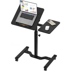 SHW 28.75" to 40.5" Height Adjustable Rolling Laptop Cart with Tilting Desktop and Side Shelf, Black