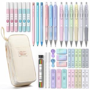 Four Candies 42PCS Aesthetic School Supplies, Mechanical Pencil Set 0.5mm, 0.7mm, 0.9mm, 2.0mm with 696 Lead Refills, Pastel Mechanical Pencils for Writing, Drawing & Drafting (Cream)