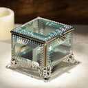 Square vintage Glass Jewelry Box with Hinged Lid, Jewelry Ring, Bracelet, Souvenir Metal Display Box, Transparent Storage Box.(3.8x3.8x3.5Inches) (Silver)