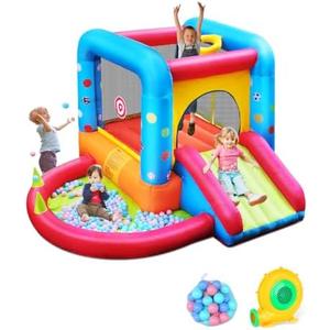 Step4Fun Inflatable Bounce House, Kids Castle Slide Bouncer for Children Jumping Outdoor and Indoor Party, Baby Backyard Water Jumper Toy with Blower, Ball Pit Pool, Ideal Gifts（112 x 98 x 65”）