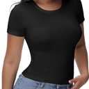 Womens T Shirts Basic Short Sleeve Crew Neck Slim Fit Tees Summer Workout Casual Bodycon Tops 2025 (Black, XXL)