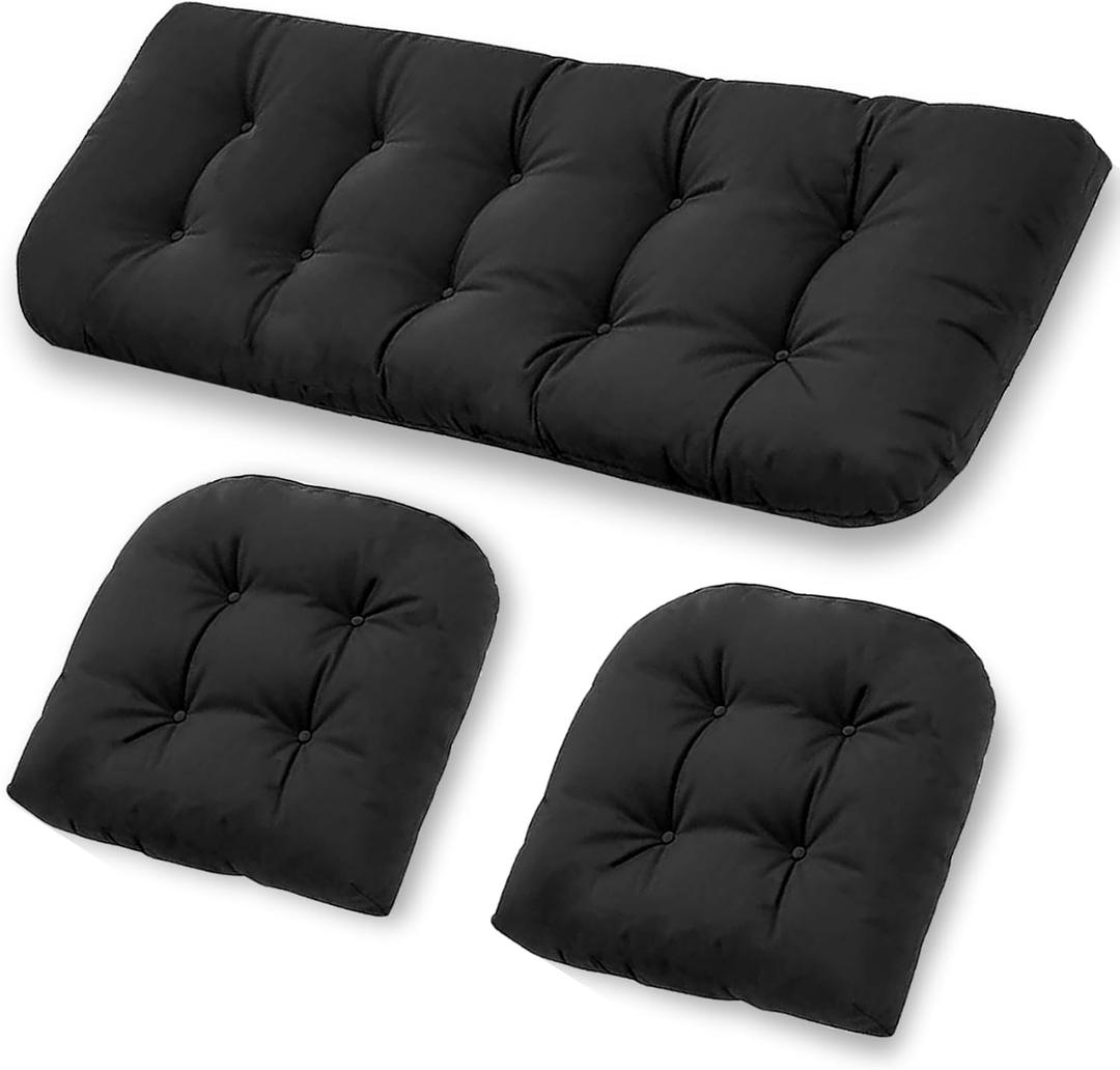 Patio Furniture Cushions Outdoor, Waterproof Wicker Chair Cushions Set of 3, 1 Loveseat & 2 Seat Pads, Thick Outdoor Replacement Cushions for Porch Lawn Bench Couch Sofa Swing, Black, 44"L x 19"W