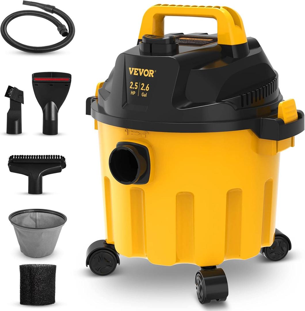 VEVOR 2.6 Gallon 2.5 Peak HP Wet and Dry Shop Vac Portable Shop Vacuum and Blower 3-in-1 with Filter, Hose and Attachments for Home and Car Cleaning Black/Yellow