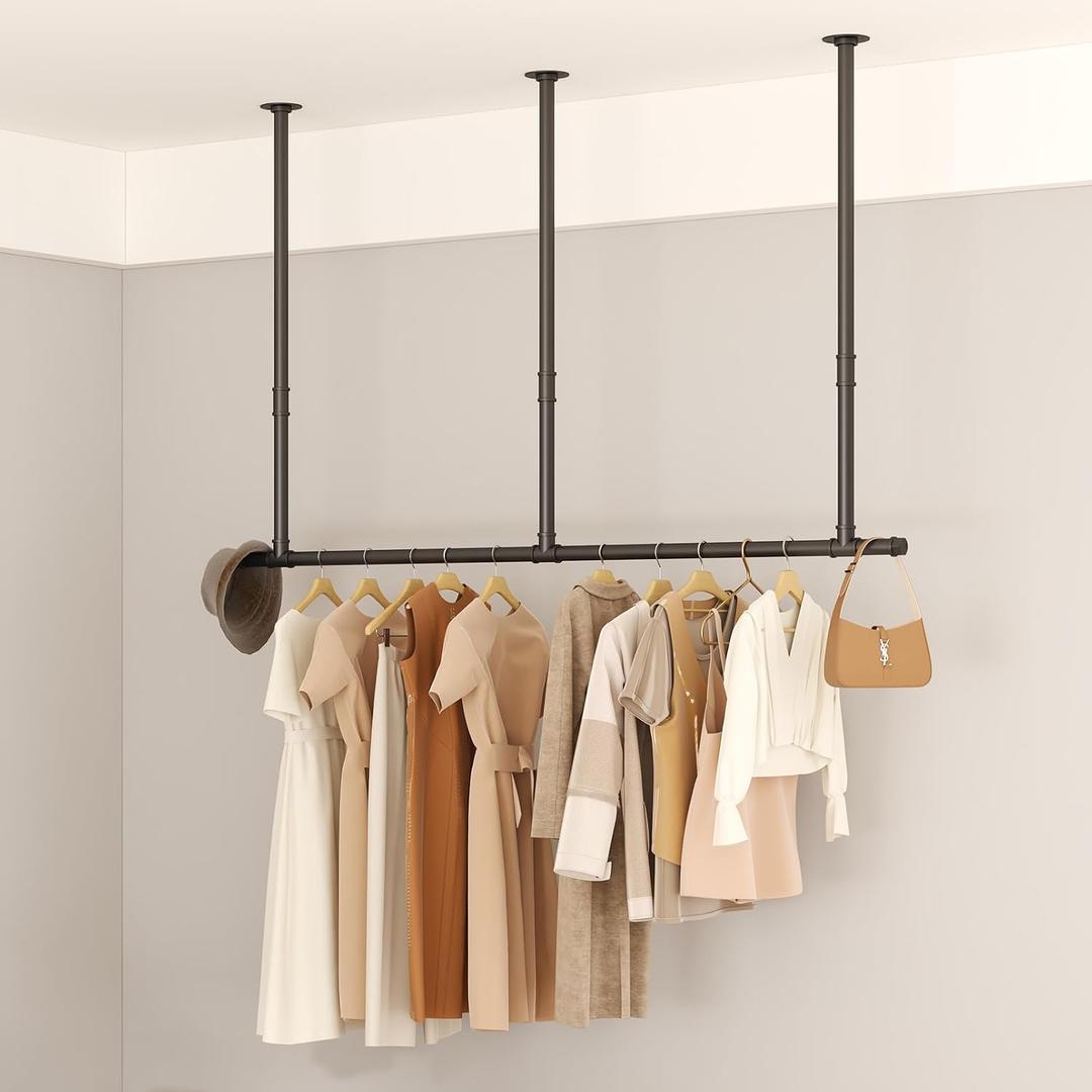 Industrial Pipe Clothing Rack Heavy Duty, Ceiling Mounted Clothes Rack, Black Garment Bar, Wall Mounted Hanging Rod for Space Saving,Black,62inch