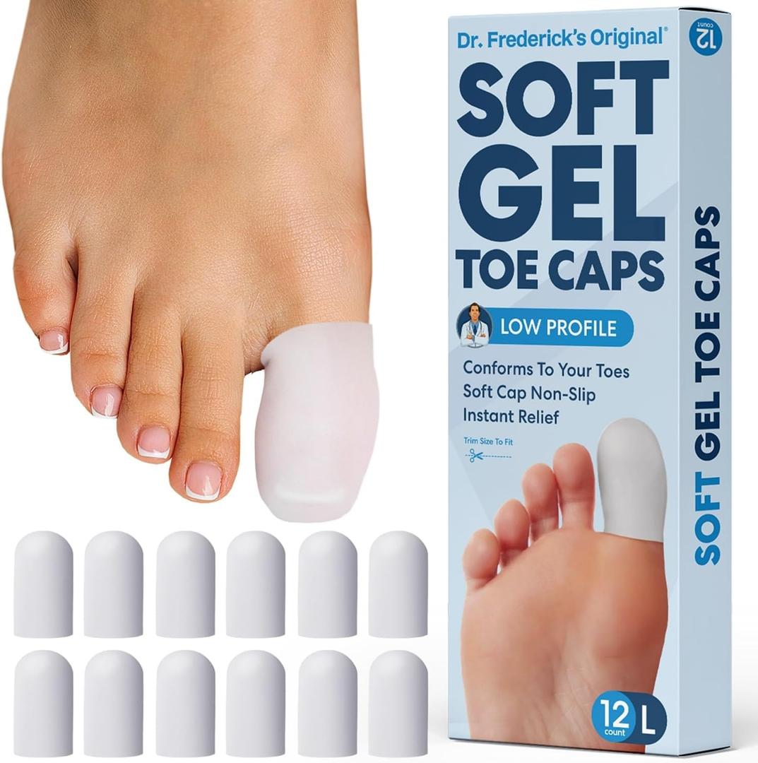 Dr. Fredericks Original Soft Gel Toe Caps - 12 ct - Doctor-Developed Toe Protectors for Ingrown Toenails, Blisters, Corns & Calluses - Toe Sleeves for Pain Relief & In-Shoe Comfort - White, Large