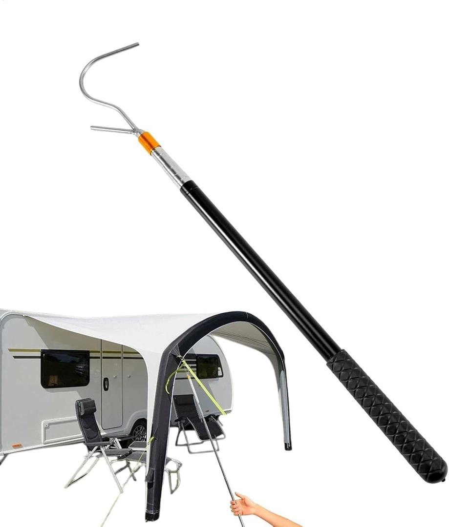 Pole with Hook, Telescoping RV Awning Carefree Parts Opener Puller Reach Rod Hook for Tent Shelter Camper Canopy Grabber Clamps Attic Pull Down, Extendable from 16" to 60" with Multi-Section Locking