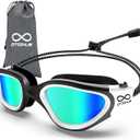 Swim Goggles, Polarized Adult Swimming Goggles Bungee Strap No Hair Pulling Anti-fog Pool Goggles for Men Women (01-black White/Polarized Mirror Gold)