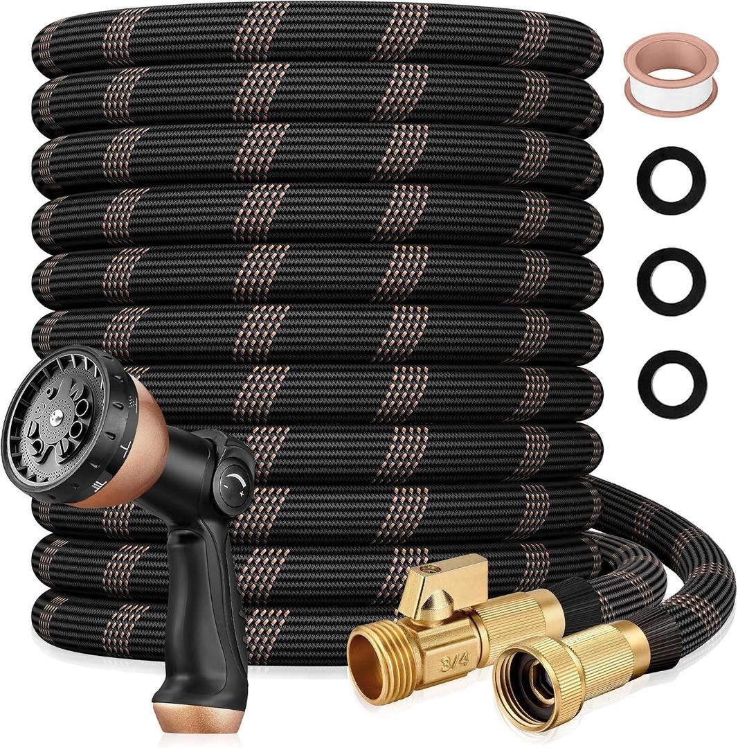 Garden Hose 50ft, 2026 Ultra Lightweight Water Hoses w/10 Function Spray Nozzle and 3/4" Brass Fittings- Durable, & Flexible Water Pipe for Yard, Lawn, Outdoor & Gardening(Black Rose gold)