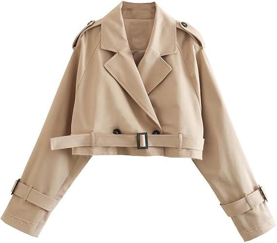 Womens Cropped Bike Jacket Casual Double Breasted Trench Coat with Belt Khaki  M