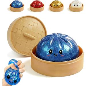 Glitter Dumpling,Glitter Dumpling Squishy Box,Colorful Dumplings Stress Balls Fidget Sensory,Squeeze Toy for Stress Relief Stretchy Desk Toys,Soft Squeeze Decompression Dough (Glitter Blue)