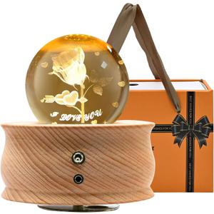 3D Crystal Ball Music Box with Projection LED Light and Rotating Wooden Base,Best Gift for Birthday Christmas Thanksgiving Valentine's Day Mothers Day,Music Boxes for Women(Rose-A)