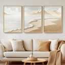 Framed Boho Beach Coastal Wall Art for Living Room, Large Neutral Abstract Coastal Canvas Artwork for Walls, 3 Piece Minimalist Ocean Picture Print for Living Room Bedroom Kitchen Wall Decor, 16x24 In