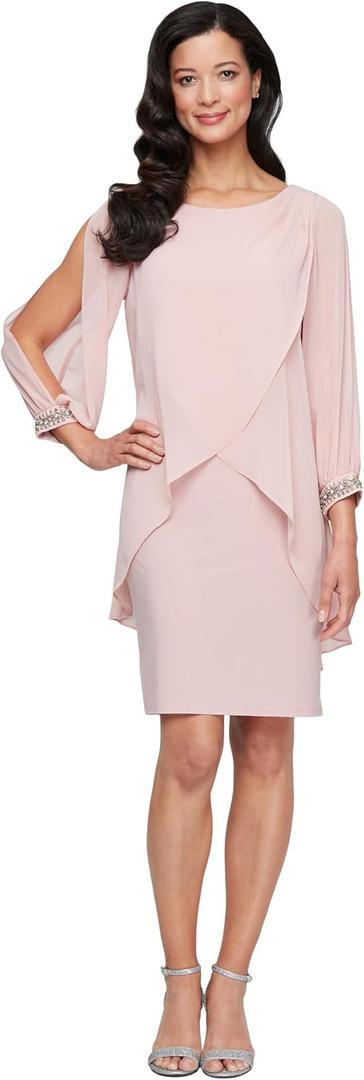 S.L. Fashions Women's Long Sleeve Chiffon Short Cocktail Dress, Wedding Guest, Mother of The Bride (Petite and Regular Sizes) (Pink, M)