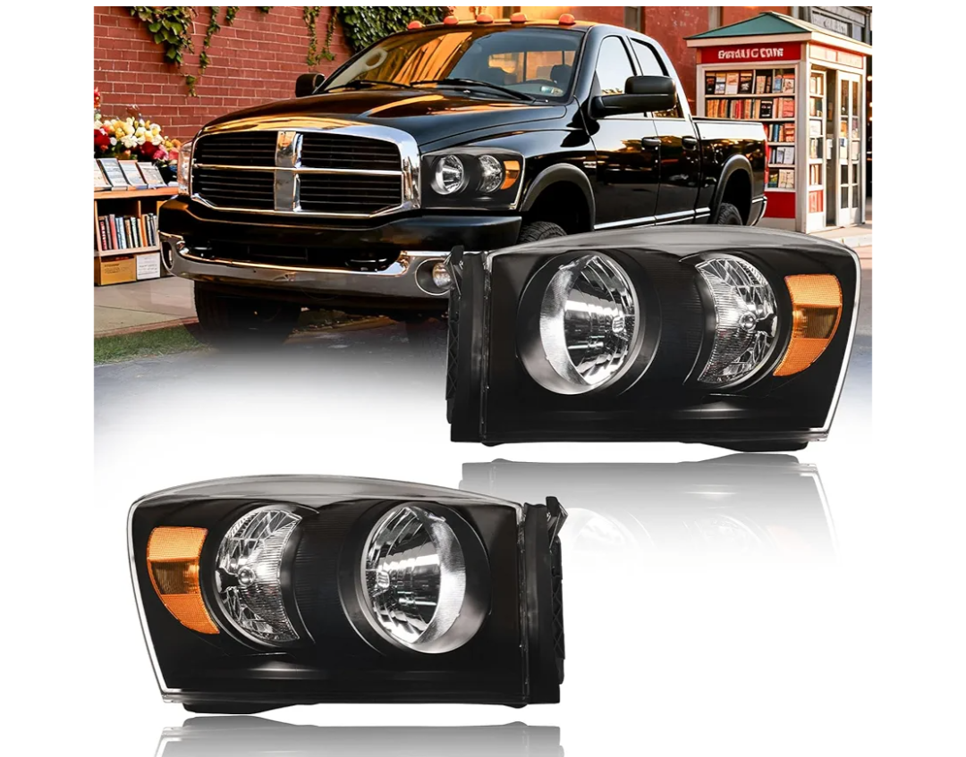 Headlight Assembly, Headlights Kit Compatible with 2006-2008 Dodge Ram 1500/2006-2009 Ram 2500 3500(Fits Models with Halogen Headlamps Only) Replacement Headlamp Black Housing Amber Reflector