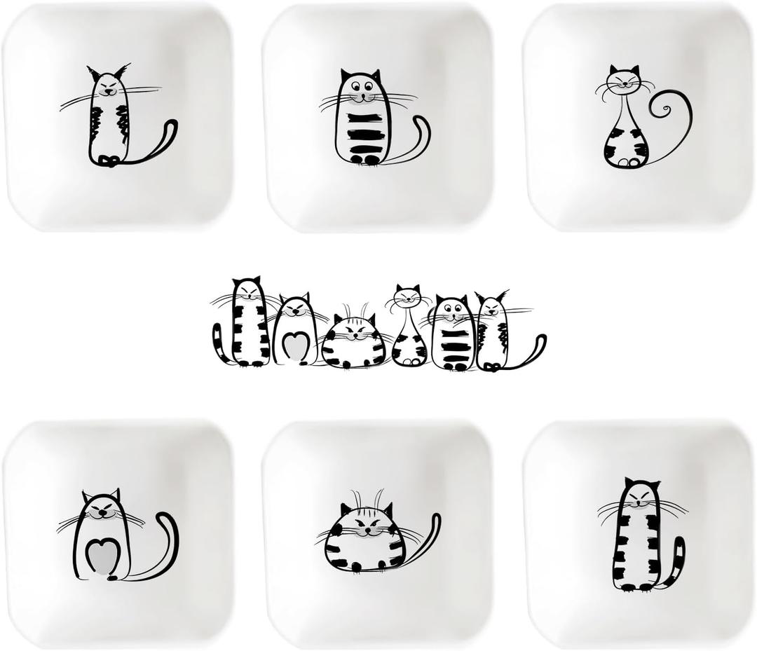BigNoseDeer Super Cute Cat Ceramic Sauce Dish,Mini Side Seasoning Dish,Condiment Dishes,Sushi Soy Dipping Bowl,Snack Serving Dishes,Meow Porcelain Small Saucer Set(Set of 6) (3 inches, Blue)