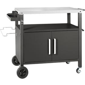 Dining Cart Table with Big Storage Cabinet, Movable Outdoor BBQ Grill Table Pizza Oven Stand, Kitchen Cart Island Multifunctional Food Prep for Inside and Outside