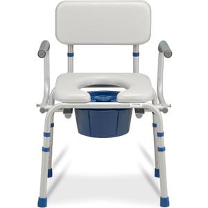 Loyoda FSA/HSA Eligible Padded Bedside Commode for Seniors, Portable Commode Toilet with Duty Drop Arms & Removable Bucket 6.3QT, 400 Lbs Potty Chair for Adults, Grey