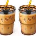 13 oz Glass Tumbler with Glass Straw and Lid, Leak-Proof Reusable Travel Cup for Iced Coffee, Tea, Matcha, Fruit Juice  Thick Wall Clear Water Bottle (Amber, 2 Pack)