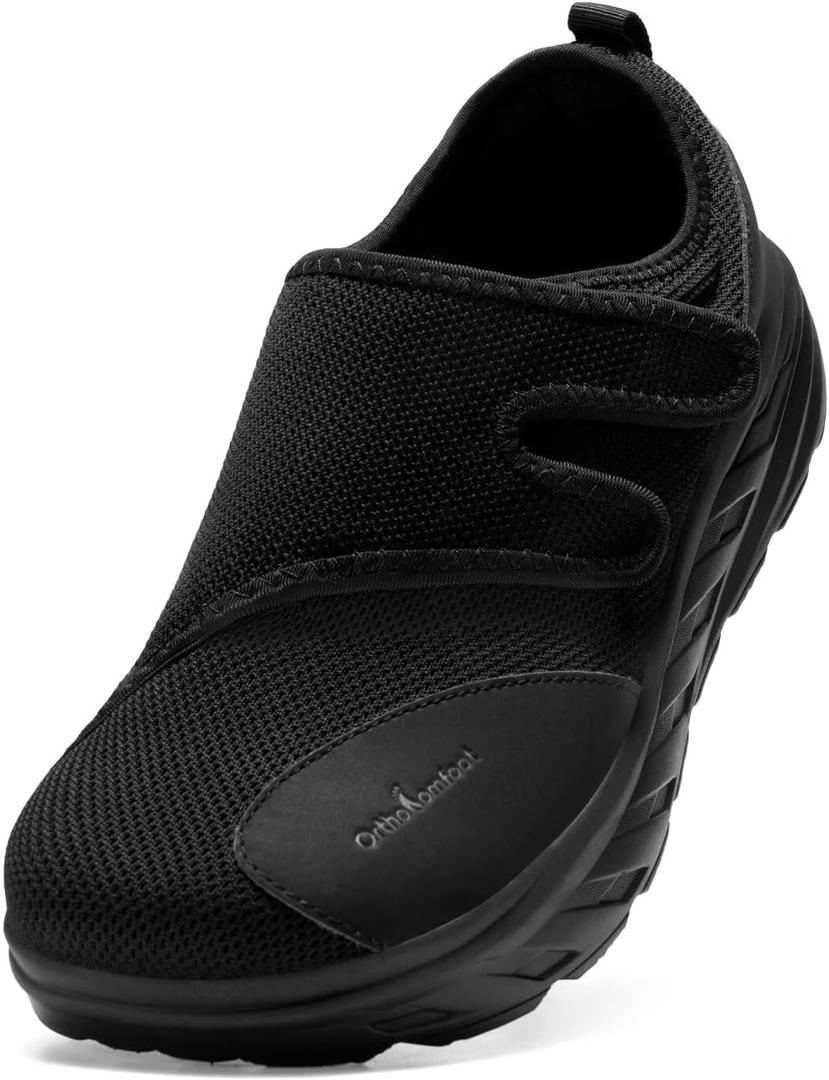 OrthoComfoot Men's Orthopedic Diabetic Extra Wide Walking Shoes: Adjustable Arch Support Plantar Fasciitis Slip-On for Swollen Feet, Comfortable Orthotic Easy Top Loafers for Foot and Heel Pain (Black)