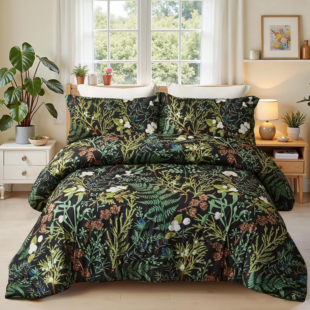 Queen Comforter Set - 3 Pieces Botanical Bedding Comforter Set, 1 Soft Green Plant Flowers Comforter (90"x90") and 2 Pillow Shams(20"x26") Ultra-Soft Comfort Suitable for All Seasons