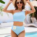 Women Bestselling Bikini Sets One Shoulder Swimsuits 2 Piece Tummy Control Bathing Suits High Waisted Floral 2025 (Blue, XL)