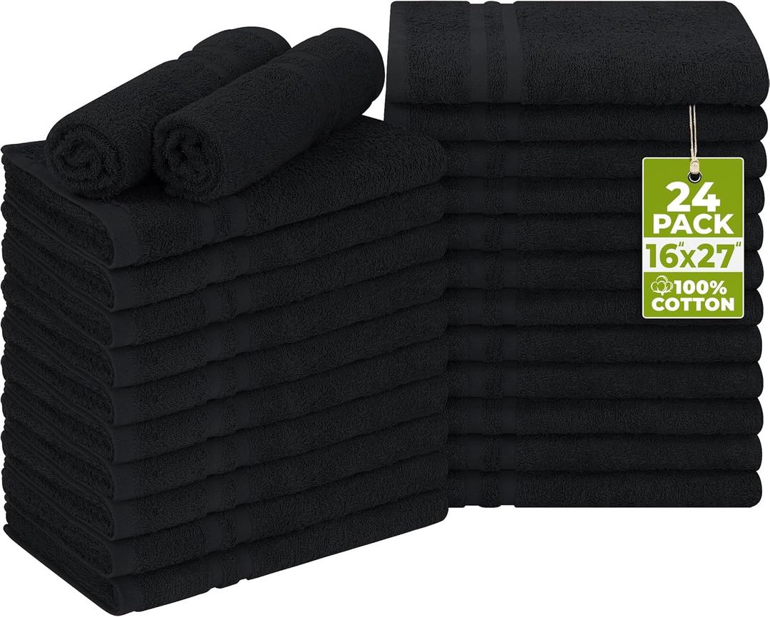 Utopia Towels Cotton Bleach Proof Salon Towel 16 by 27 inches, Bleach Safe Gym 100% Cotton Hand Towel, 24 Pack, Black