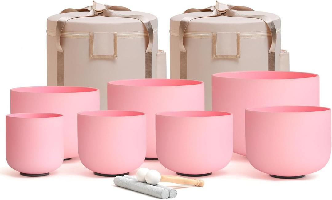 432HZ 6-12 Inch Pink Color Frosted Quartz Crystal Singing Bowls Chakra Set of 7 with Carry Case Bags for Sound Healing and Meditation