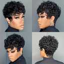 Chic Elegent Pixixe Cut Curly Wigs for Black Women Short Layered Pixie Cut Human Hair Wigs With Bangs Natural Black Color Summer No Glue Short Curly Human Hair Wig (Black Curl)