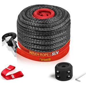 Synthetic Winch Rope 3/8" x 100'-23800 lbs Winch Line with Protective Sleeve,Forged Winch Hook,Safety Pull Strap go for 4WD Road Vehicle Truck SUV ATV UTVBlack Gray