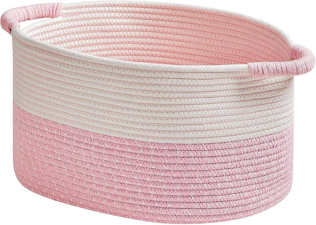 R RUNKA Storage Baskets for Organizing | 15"x10.2"x9.1" - 1 Pack Nursery Bin with Handles - Woven Cotton Rope Baskets for Dog Toys, Books, Shelf, Bathroom,Closet -Pink Basket for Girls