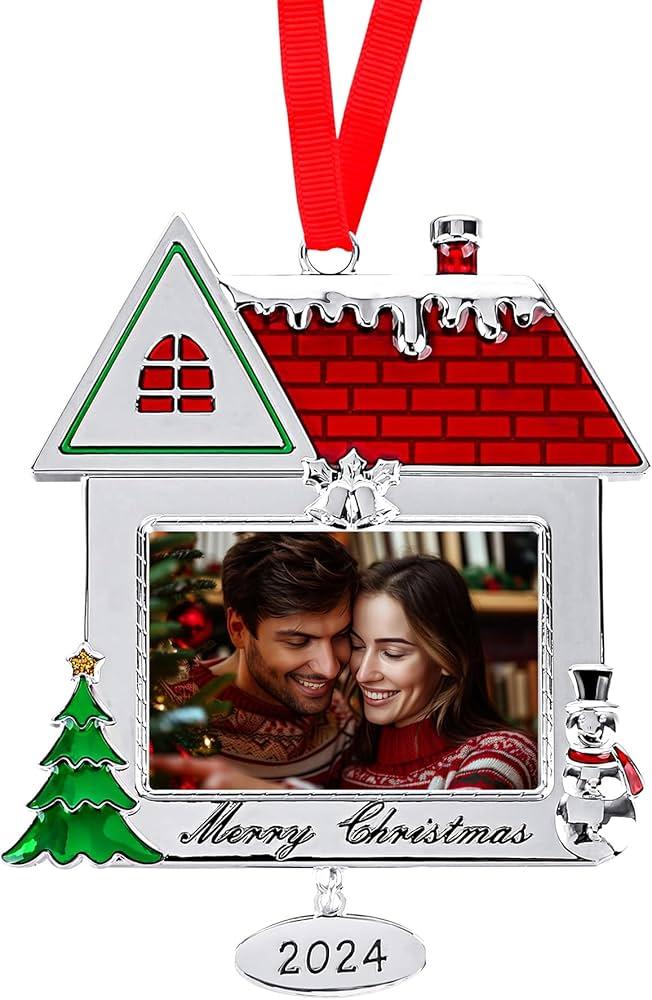 Holiday Jingle 2024 Family House Christmas Ornaments with Photo Frame Picture Frame Ornaments for Tree 2024 Christmas Ornament for Family, Couple, Friends