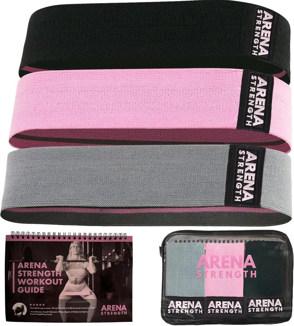 Arena Strength Fabric Booty Bands - Fabric Exercise Bands for Legs and Butt | Fabric Resistance Bands | Hip Resistance Bands with Workout Guide and Carry Case (Gray, Pink, Black)