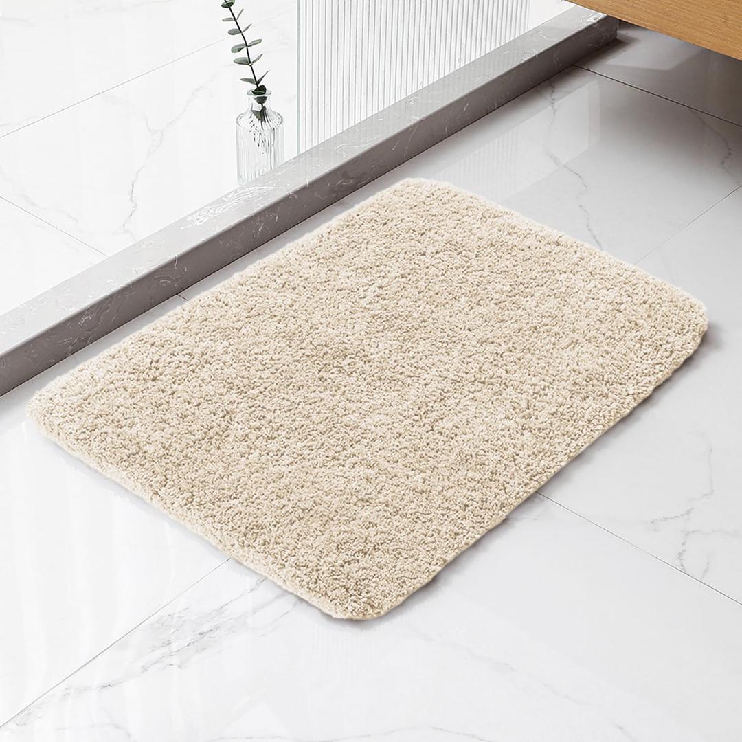 Beige Bathroom Rugs 17"x24" - High-Density Microfiber Bath Mat, Fluffy Non Slip Absorbent and Washable Bathroom Mat - Ideal for Small Spaces, Vanity, Toilet, or Pet Mat