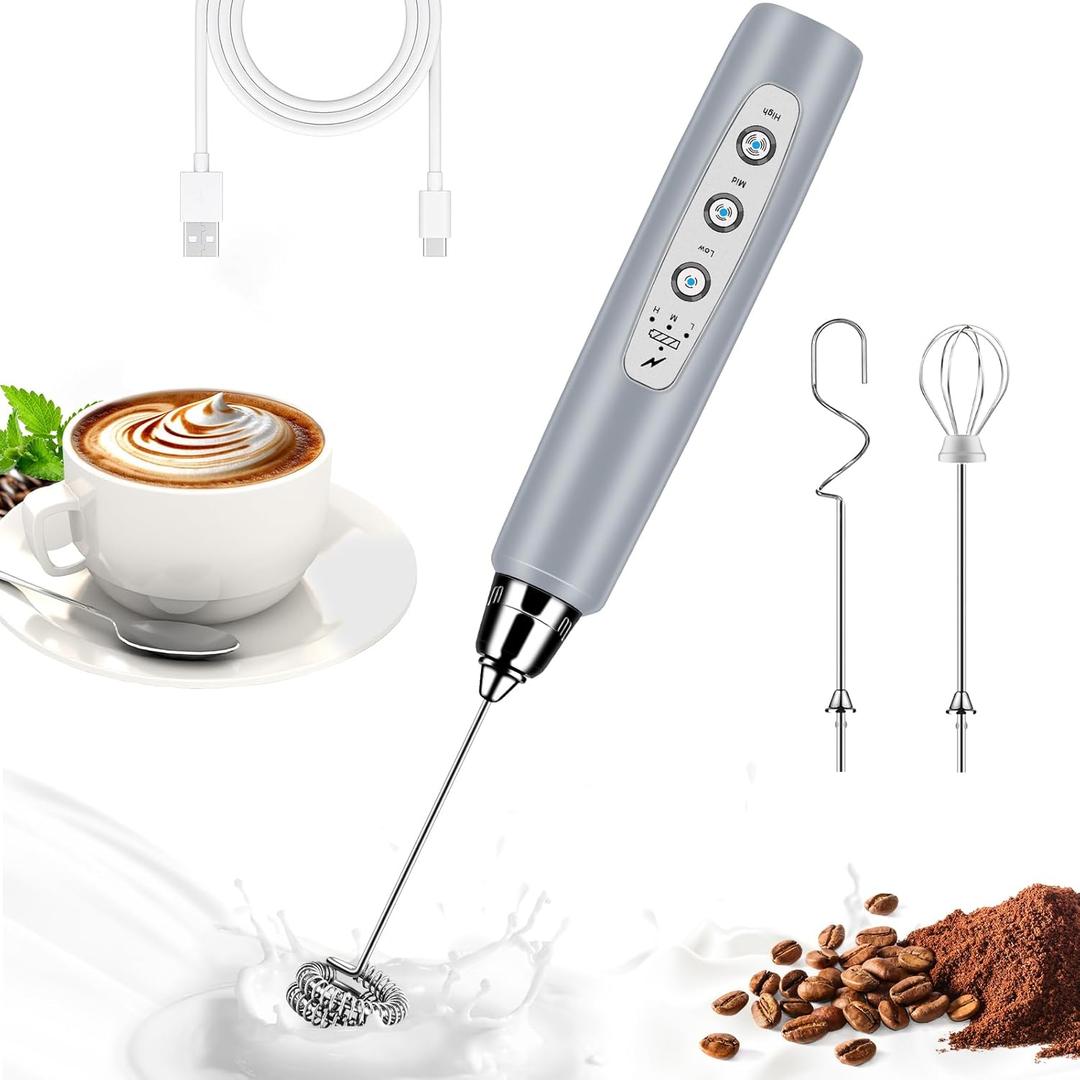 BSRGMS Milk Frother Handheld for Coffee, Electric Whisk 3 Speed Adjustable, Drink Mixer with Stainless 3 Whisks, Rechargeable Hand Frother Wand, for Latte Cappuccino Hot Chocolate Egg Cement Gray