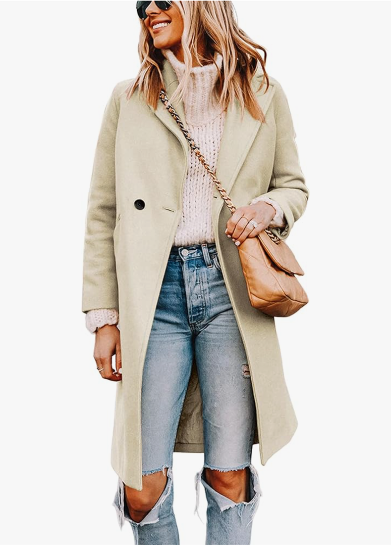 Tanming Women's Notch Lapel Double Breasted Wool Blend Mid Long Pea Trench Coat, XL