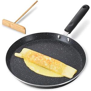 Buecmue 10.5 Inch Nonstick Crepe Pan with Spreader, Granite Coating Skillet Pan for Roti Egg Omelet Tortilla Tawa Dosa, Flat Frying Pan, Induction Compatible PFOA & PTFEs Free