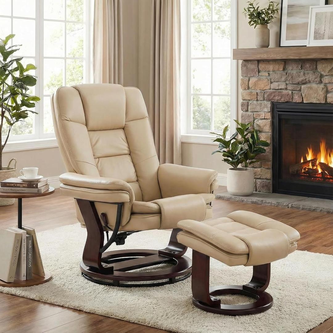 Argus Swivel Recliner with Ottoman, PU Leather & Wood Base Reclining Chair with Footrest, Ultra-Plush Double Foam for Living Room, Bedroom and Office, Set of 1 (Beige)
