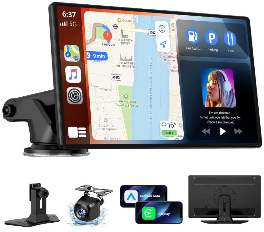 Wireless CarPlay Screen for Car, 9 Inch Portable Touchscreen for Apple CarPlay & Android Auto, Plug & Play, OTA Updates, Backup Camera & Screen Mirroring, Voice Control, GPS, Bluetooth 5.0, FM/AUX