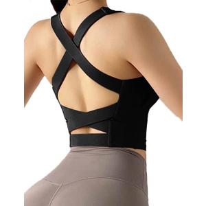 Women's Strappy Sports Bra Criss Cross Back Crop Tank Top Padded Fitness Workout Tops Longline Yoga Bras (X-Large)