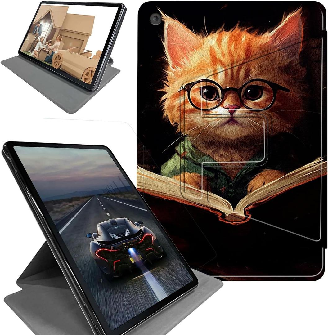 for Kindle Fire HD 8 Tablet (8th/7th/6th Generation, 2018/2017/2016 Release) Tablet Case-360 Rotating Stand Folding Protective Cover with Auto Sleep/Wake,Kitten with Glasses