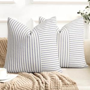 YCOLL Farmhouse Pillow Covers 18x18, Modern Accent Square Throw Pillow Covers Set of 2, Blue and Beige Striped Patchwork Linen Decorative Pillows Cushion Covers for Couch Chair Bedroom Home Decor