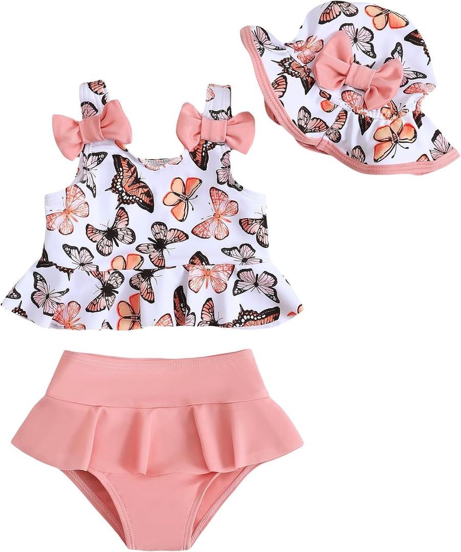 Mioglrie Baby Infant Swimsuit Girl Toddler Bathing Suit Girl Summer Beach Bikini Tankini Swimwear Hat 3-24 Months 2t-5t (6-12 Months, Pink Butterfly)
