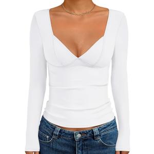 Trendy Queen Going Out Tops for Women Trendy Long Sleeve Shirts Fashion Clothing V Neck Basic Y2K Clothes Cute Shirt Corset (White, L)