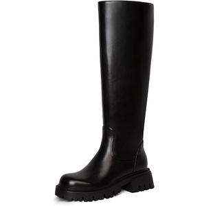 Platform knee high boots women Comfortable Stretch Round Toe Chunky Heel Tall Boots with Side Zip Dress Casual Long Riding Boots (5, Black)