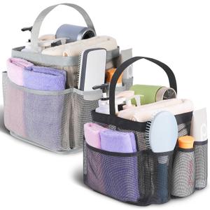 Pack of 2 Mesh Shower Caddy Portable for College Dorm Room Essentials, Shower Caddy Dorm with 8-Pocket Large Capacity, Shower Bag for Beach, Swimming, Gym (All Black/All Grey)