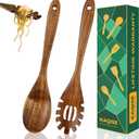 2-Piece Wooden Spoons for Cooking, Natural Teak Wood Utensil Set, Wooden Kitchen Utensils for Noodle, Non-Stick Kitchen Utensils for Servering, Stiring and Mixing (Pasta Fork & Flat Spoon)